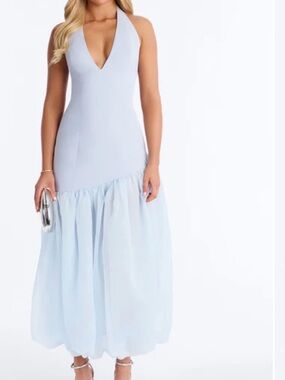 Fashion Nova Pale Blue Halter V-Neck Maxi Dress